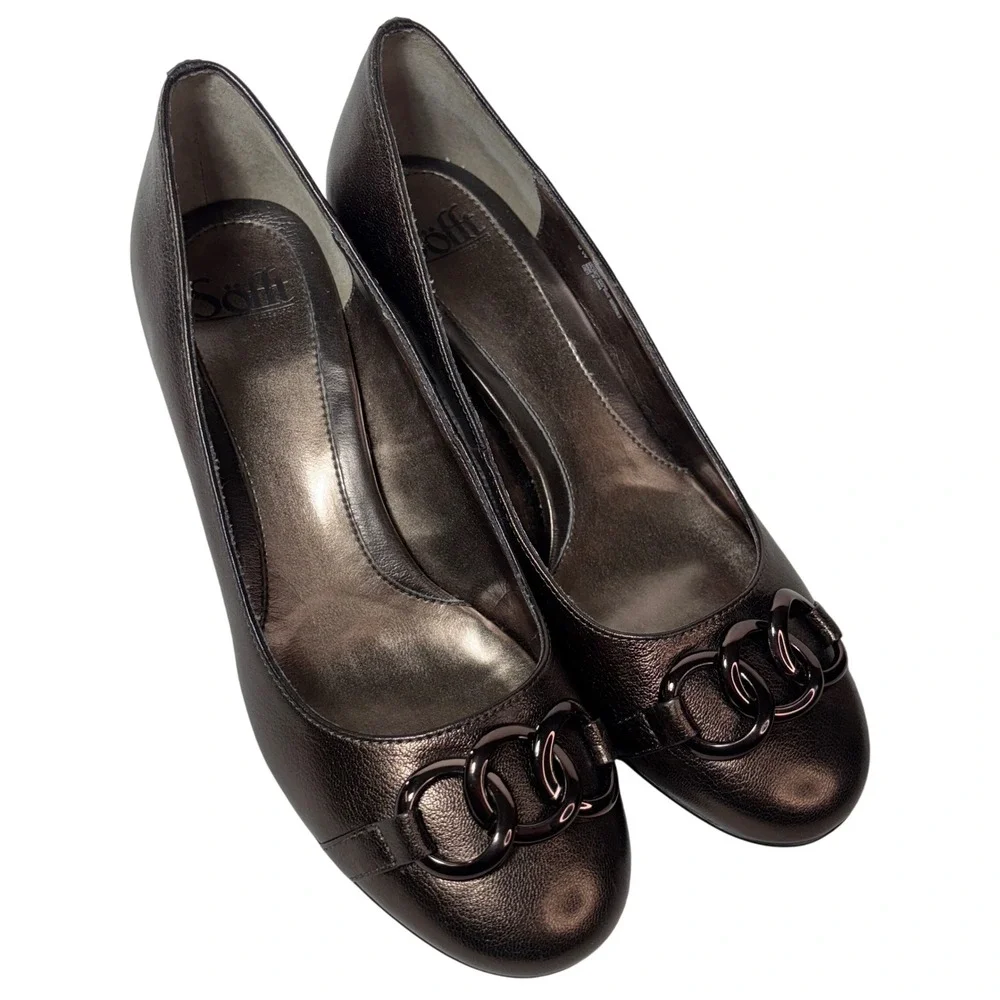 New Sofft Women's Brown Bronze Metallic‎ Leather Chain Block Heel Pumps Shoes 9W
